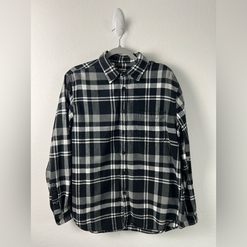 Merona Cotton Black & White Plaid Western Fall Winter Button Down